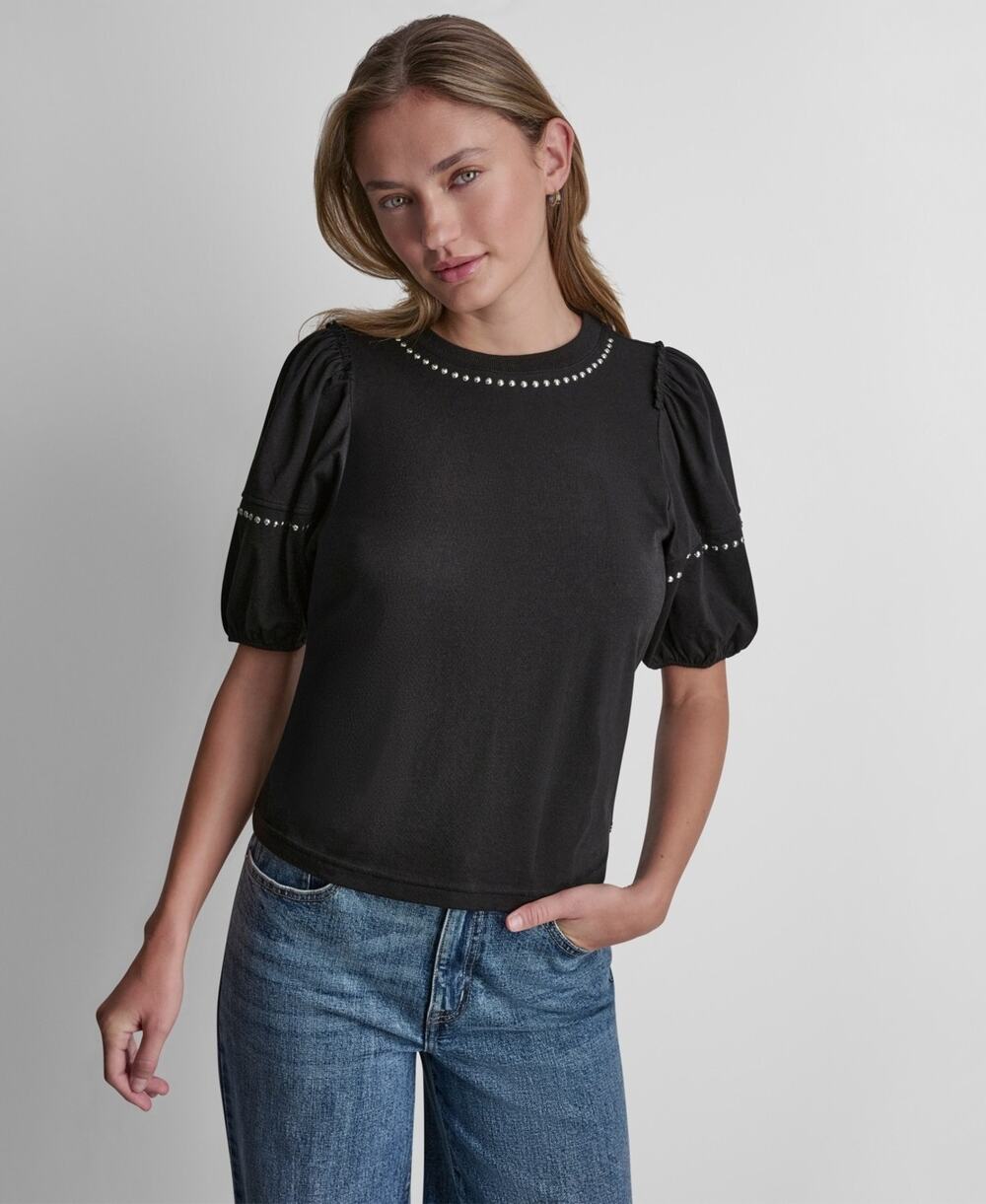DKNY Jeans Women's Dome Studs Mini Sleeve T-Shirt Black Size L 3862